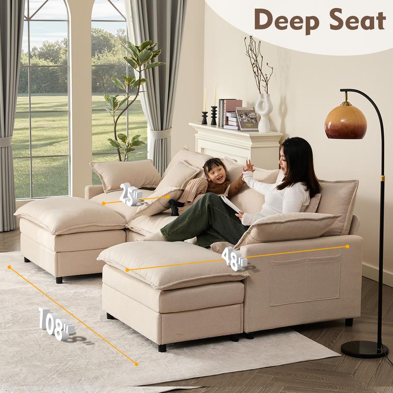 Sofá modular seccional en forma de U de 274 cm - Comfy Cloud de 3 plazas con 2 otomanas móviles, sofá Cloud, sofá de lino con asiento profundo para sala de estar, color beige, diseño cómodo y elegante, color rosa chenilla.