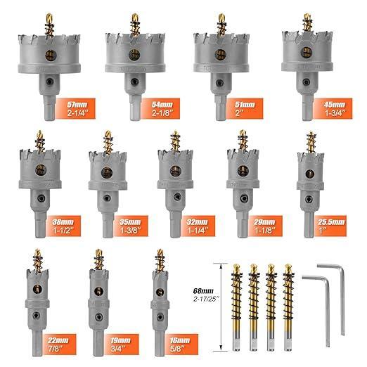 Kit de brocas de carburo para perforar metal TCT de 5/8" a 2-1/4" pulgadas, para corte de alta precisión en acero inoxidable, hierro, cobre y latón.