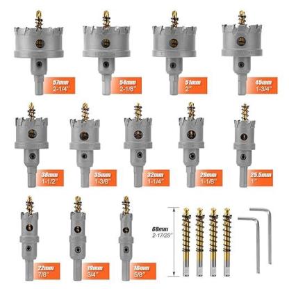 Kit de brocas de carburo para perforar metal TCT de 5/8" a 2-1/4" pulgadas, para corte de alta precisión en acero inoxidable, hierro, cobre y latón.