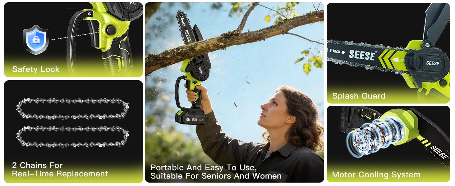 SEESE Brushless Mini ChainSaw - Portable Electric Cordless Saw for Wood Cutting, Batteries (2000mAh) ,Pruning, Gardening, Camping - Suitable for Seniors, Women Holiday gifts