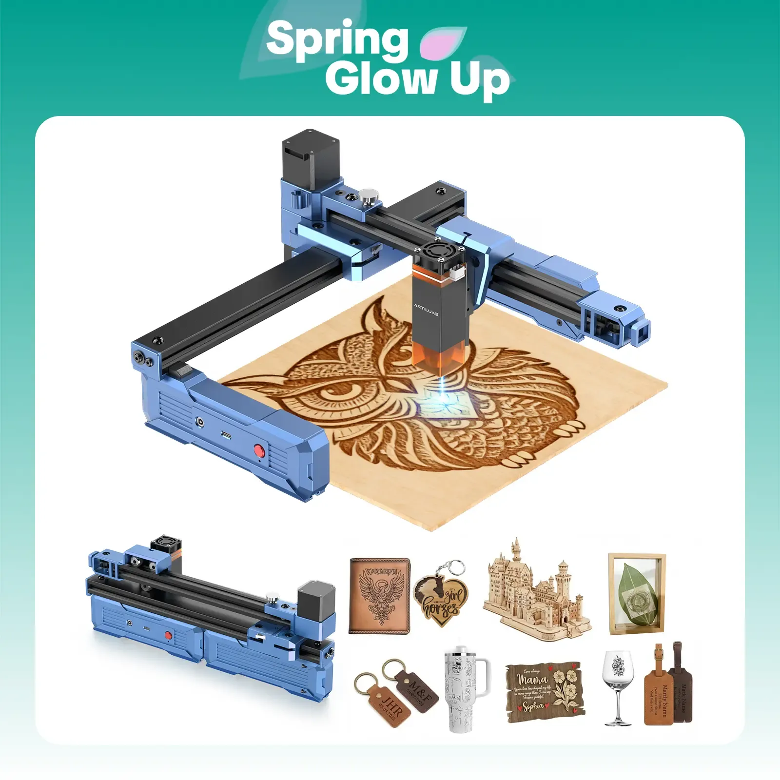 Grabadora láser plegable Artilume T1: no requiere montaje, portátil para usar en cualquier lugar, velocidad de movimiento de 10.000 mm/min, precisión de 0,01 mm y área de trabajo de 200 × 150 mm para madera, cuero, acrílico y metal recubierto — Ideal para