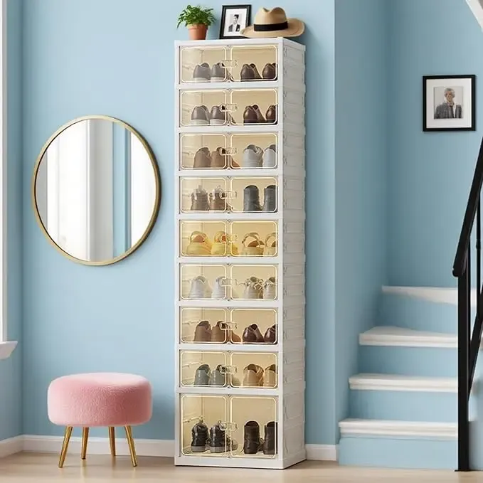 Zapatero plegable con puertas transparentes magnéticas, de 9 niveles; tiene capacidad para 18 pares de zapatos. Zapatero de plástico resistente y apilable que ahorra espacio; no requiere instalación, es cómodo y práctico.