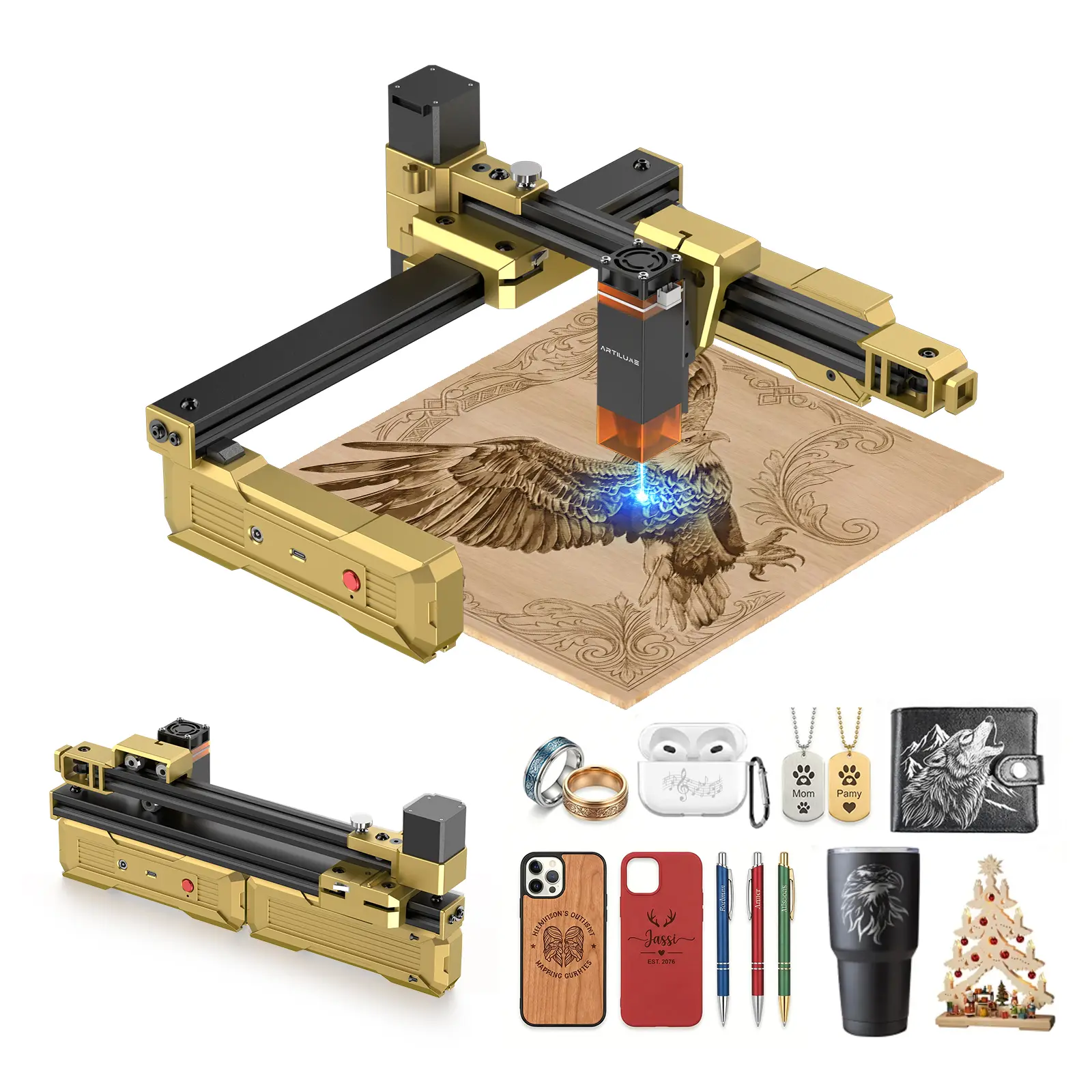 Grabadora láser plegable Artilume T1: no requiere montaje, portátil para usar en cualquier lugar, velocidad de movimiento de 10.000 mm/min, precisión de 0,01 mm y área de trabajo de 200 × 150 mm para madera, cuero, acrílico y metal recubierto — Ideal para