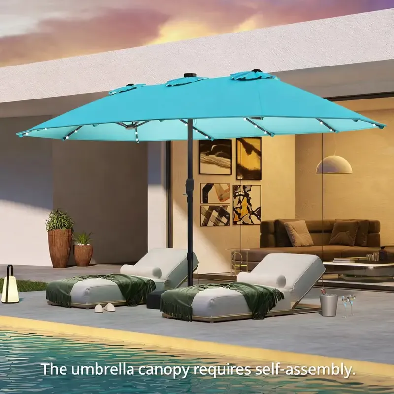 Sombrilla solar para patio de 15 pies con base — Sombrilla doble extra grande para exteriores, con 36 luces LED y manivela; ideal para jardín, terraza, piscina y patio.