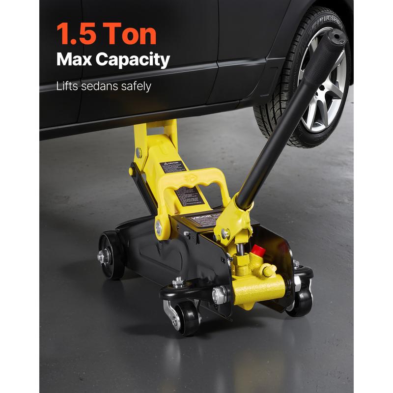 Gato de piso de perfil bajo, capacidad de 1,5 toneladas (3300 lb), gato de piso de acero para carreras con bomba de elevación rápida de un solo pistón, elevador hidráulico para autos deportivos y sedanes, rango de elevación de 5,1 a 12,2 pulgadas.