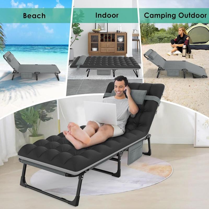 Silla de playa plegable con respaldo acolchado y ajuste en 5 posiciones, adecuada para acampadas al aire libre y uso en interiores.