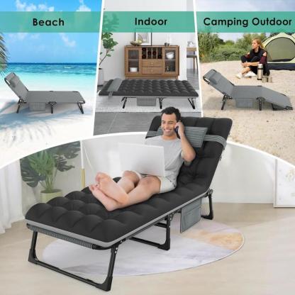 Silla de playa plegable con respaldo acolchado y ajuste en 5 posiciones, adecuada para acampadas al aire libre y uso en interiores.