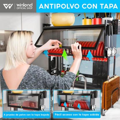 Escurridor De Trastes Acero Inoxidable 85cm Negro con Puertas Abatibles y Soporte para Cuchillos Antimanchas de Aceite y A Prueba de Polvo