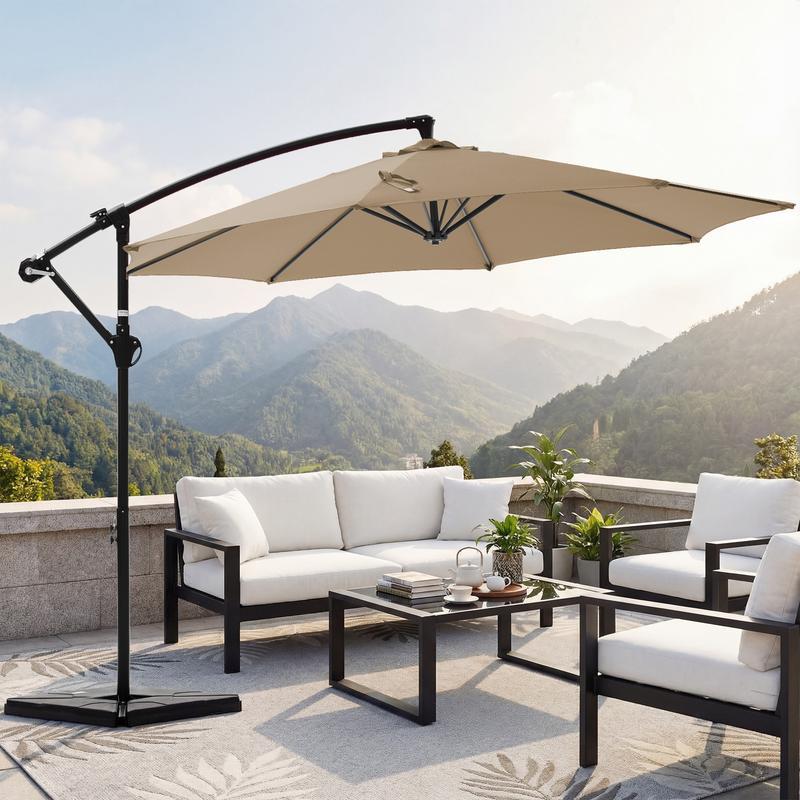 【Con base】 Sombrilla excéntrica de 10 pies para patio exterior (con base) — Inclinación y manivela sencillas, pantalla de poliéster ajustable para jardín, patio trasero y zona de piscina.