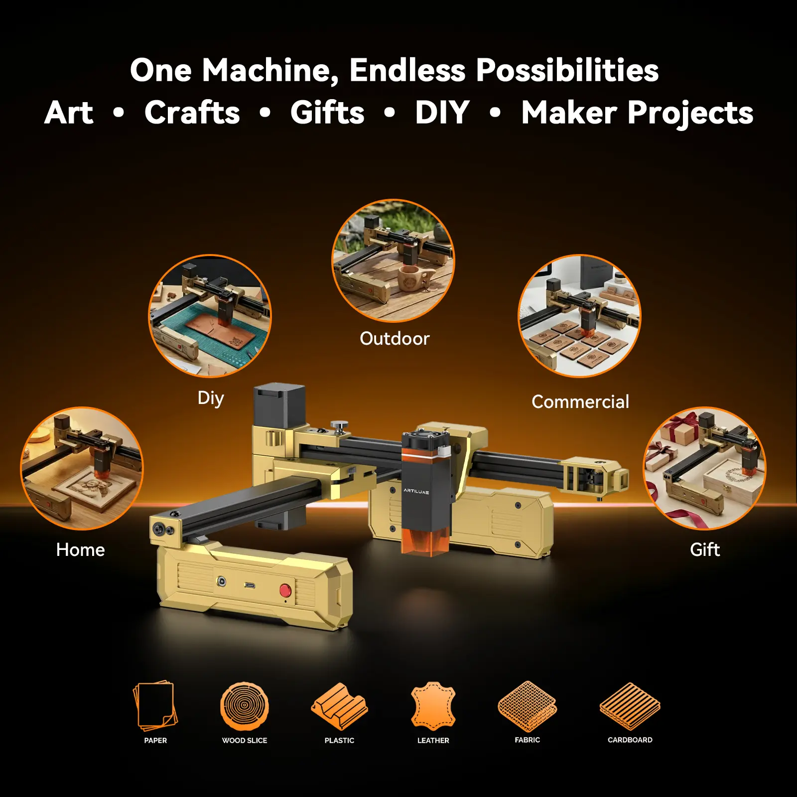 Grabadora láser plegable Artilume T1: no requiere montaje, portátil para usar en cualquier lugar, velocidad de movimiento de 10.000 mm/min, precisión de 0,01 mm y área de trabajo de 200 × 150 mm para madera, cuero, acrílico y metal recubierto — Ideal para