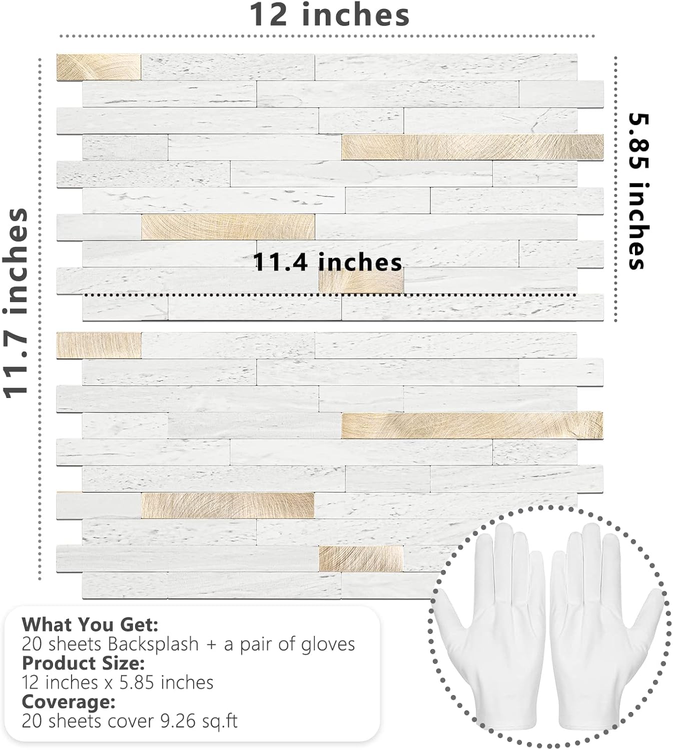 STICKGOO 20 Sheets Peel and Stick Backsplash Tile, Tile Stickers, Stick on Backsplash for Kitchen and Bathroom, Volakas White Look PVC Mixed Metal Silver Self Adhesive Wall Tiles