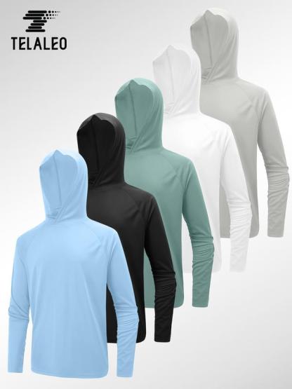 Conjunto deportivo de manga larga con capucha para hombre (paquete de 5) - Camisetas de running de secado rápido con aberturas para los pulgares