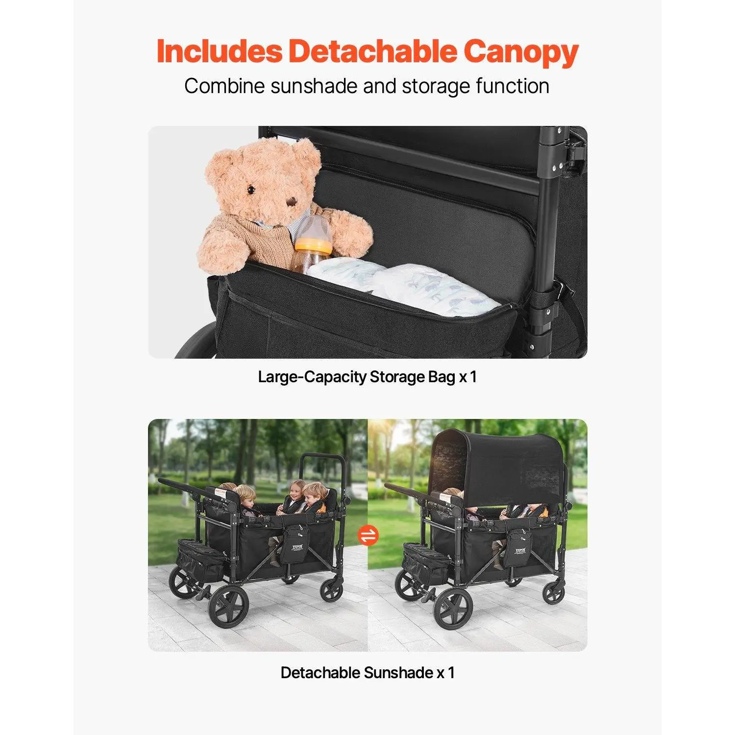 Cochecito plegable para 4 niños, de empuje y tracción, con capacidad de 330 libras