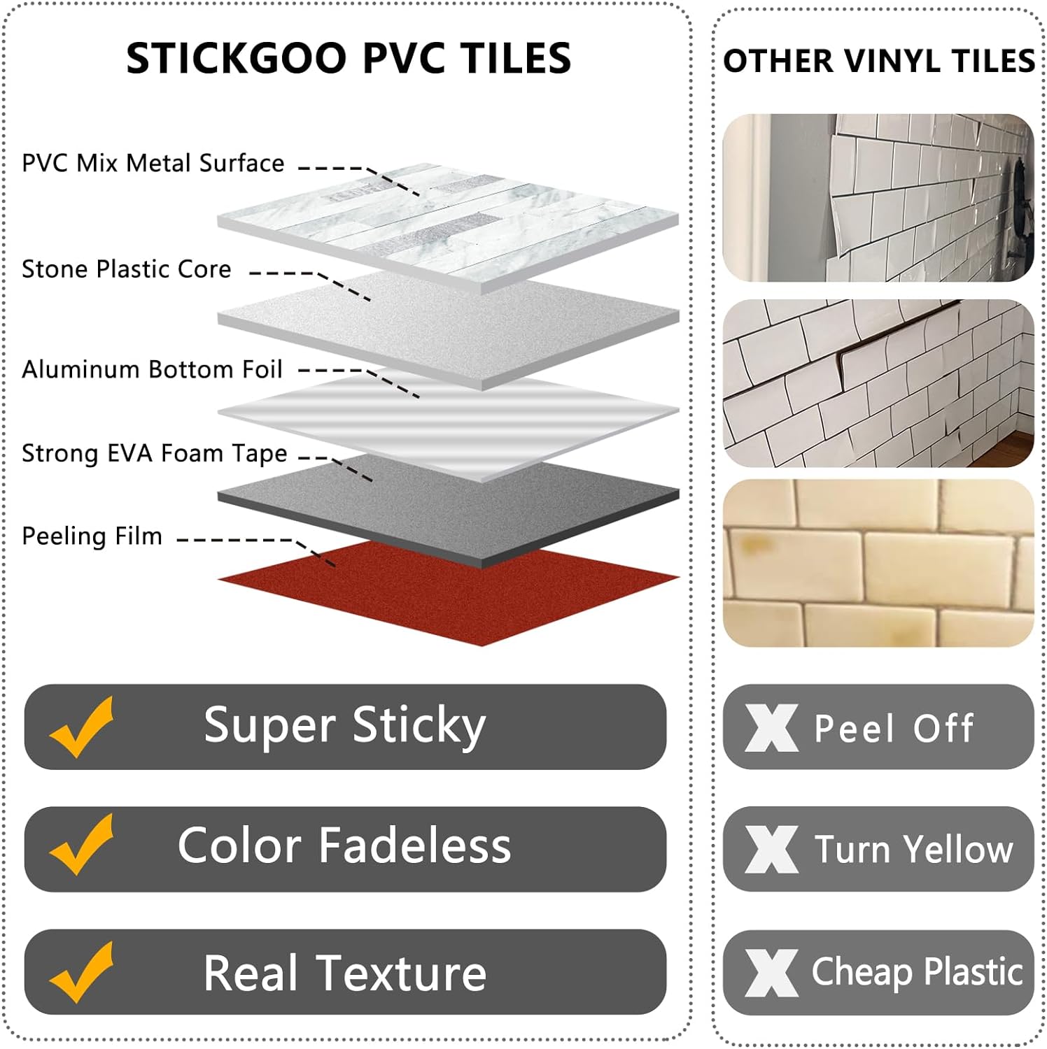 STICKGOO 20 Sheets Peel and Stick Backsplash Tile, Tile Stickers, Stick on Backsplash for Kitchen and Bathroom, Volakas White Look PVC Mixed Metal Silver Self Adhesive Wall Tiles