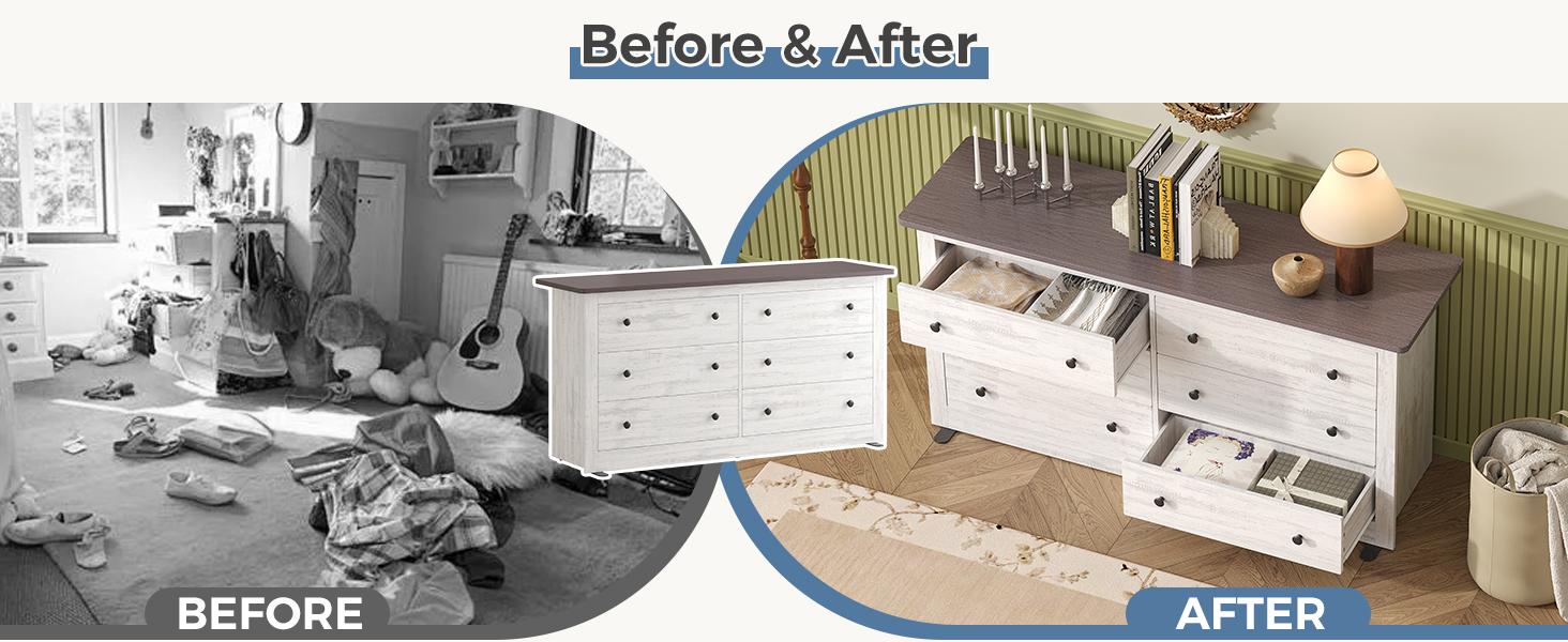 59in Wood Dresser 6 Drawer Storage Cabinet Vintage Dresser Chest of Drawers for Bedroom and Living Room
