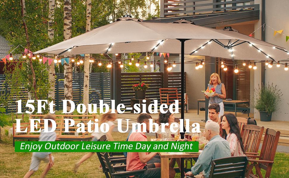 COSTWAY 15/13Ft Solar Patio Umbrella with Base, Extra Large Outdoor Double-Sided Twin Umbrella with 36 LED Lights & Crank Handle for Garden, Deck, Poolside, Patio