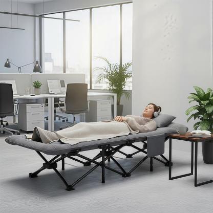 Cama Plegable Extra Grande Gris de 65*180 Cm para Exteriores – Portátil para Camping, Estadios, Viajes y Oficina. Estructura de Metal Resistente con Bolsillos Laterales de Almacenamiento.