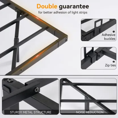 Estructura de cama flotante, base de plataforma metálica con luces LED, estación de carga con 2 tomas de corriente y puertos USB, no requiere somier, antideslizante, silenciosa, fácil montaje.