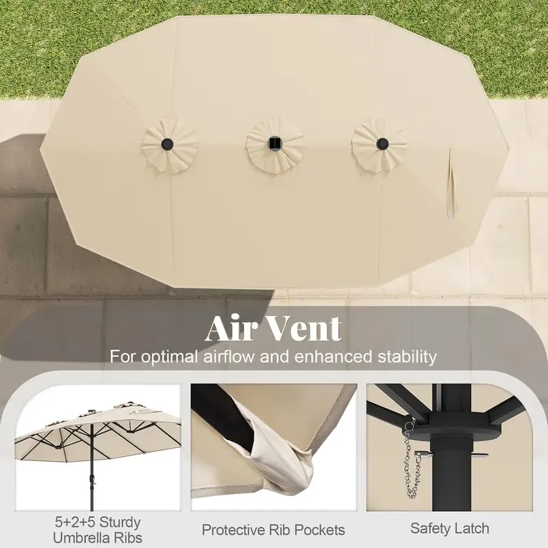 Sombrilla solar para patio de 15 pies con base — Sombrilla doble extra grande para exteriores, con 36 luces LED y manivela; ideal para jardín, terraza, piscina y patio.