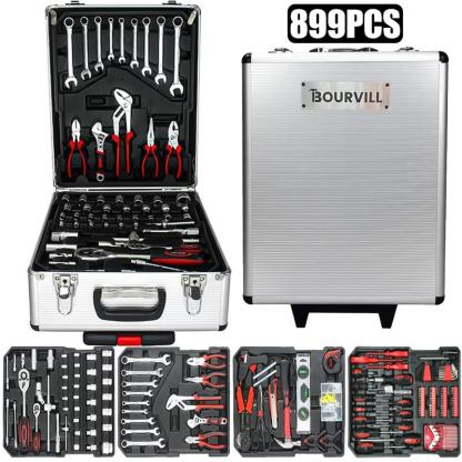 Bourvill Juego de Herramientas de 899 Piezas, Caja de Herramientas de Metal de Gran Capacidad, Caja de Herramientas Móvil con 4 Cajones de Aluminio, Juego de Herramientas para Reparación de Mecánica y Hogar, Regalo para el Día del Padre