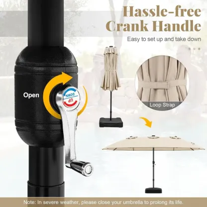 Sombrilla solar para patio de 15 pies con base — Sombrilla doble extra grande para exteriores, con 36 luces LED y manivela; ideal para jardín, terraza, piscina y patio.