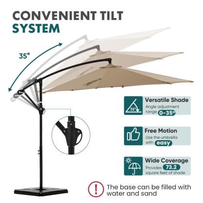 【Con base】 Sombrilla excéntrica de 10 pies para patio exterior (con base) — Inclinación y manivela sencillas, pantalla de poliéster ajustable para jardín, patio trasero y zona de piscina.