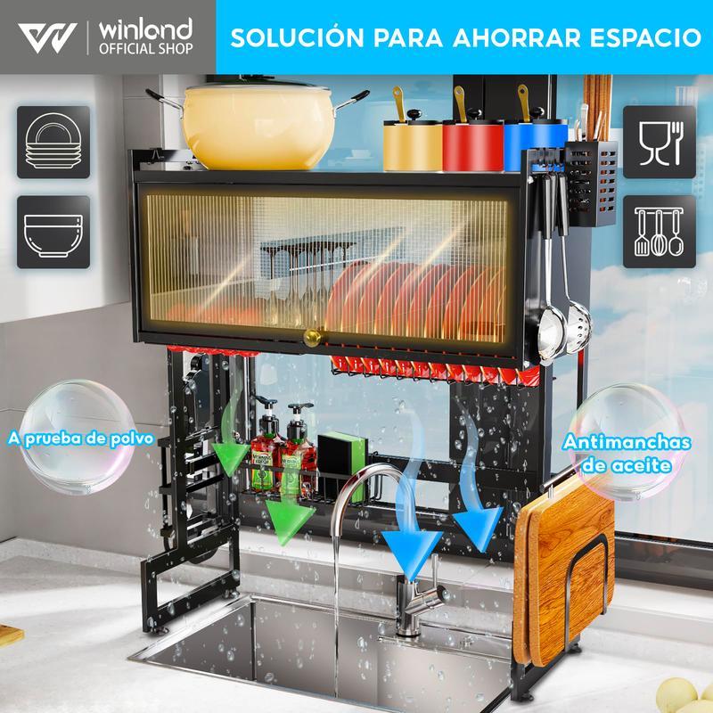 Escurridor De Trastes Acero Inoxidable 85cm Negro con Puertas Abatibles y Soporte para Cuchillos Antimanchas de Aceite y A Prueba de Polvo
