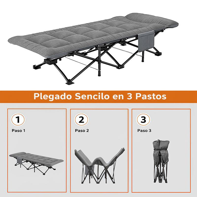 Cama Plegable Extra Grande Gris de 65*180 Cm para Exteriores – Portátil para Camping, Estadios, Viajes y Oficina. Estructura de Metal Resistente con Bolsillos Laterales de Almacenamiento.
