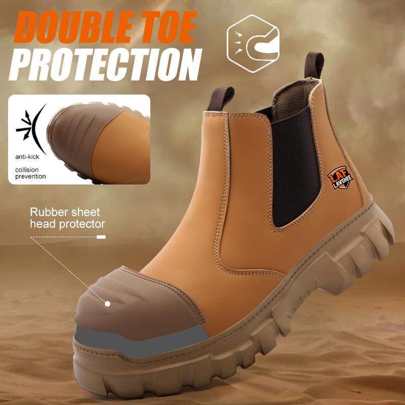 Zapatos de trabajo ligeros de color marrón con puntera de acero, antideslizantes, resistentes a salpicaduras, a impactos y a perforaciones, y transpirables.