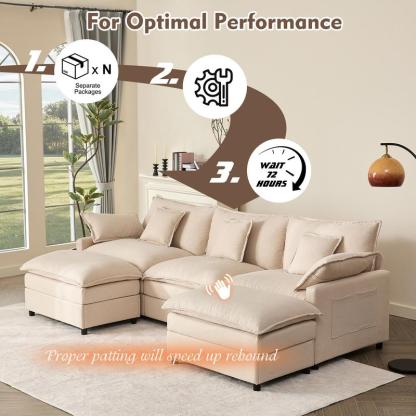 Sofá modular seccional en forma de U de 274 cm - Comfy Cloud de 3 plazas con 2 otomanas móviles, sofá Cloud, sofá de lino con asiento profundo para sala de estar, color beige, diseño cómodo y elegante, color rosa chenilla.