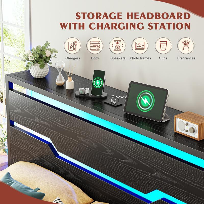 Marco de cama de madera para cama Queen King Full con cabecero y estante de almacenamiento, marco de cama tamaño Queen con luces LED y estación de carga, sin colchón, soporta hasta 900 libras con listones y marco de metal, sin ruido