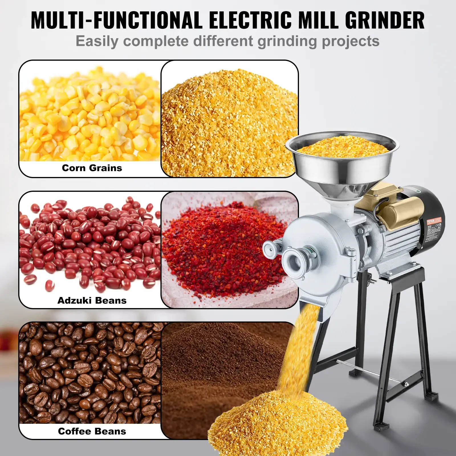 VEVOR Electric Grain Mill Grinder,  3000W Spice Grinders, Commercial Corn Mill with Funnel, Thickness Adjustable Powder Machine, Heavy Duty Feed Flour Cereal Mill Wheat Grinders, Dry & Wet Grinder