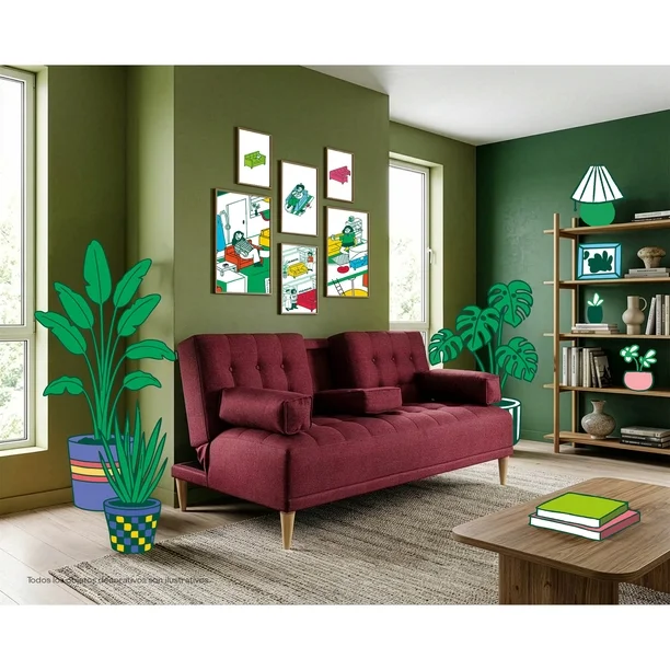 Sofá Cama de Lino Azul Makora Con Portavasos Modelo Queen