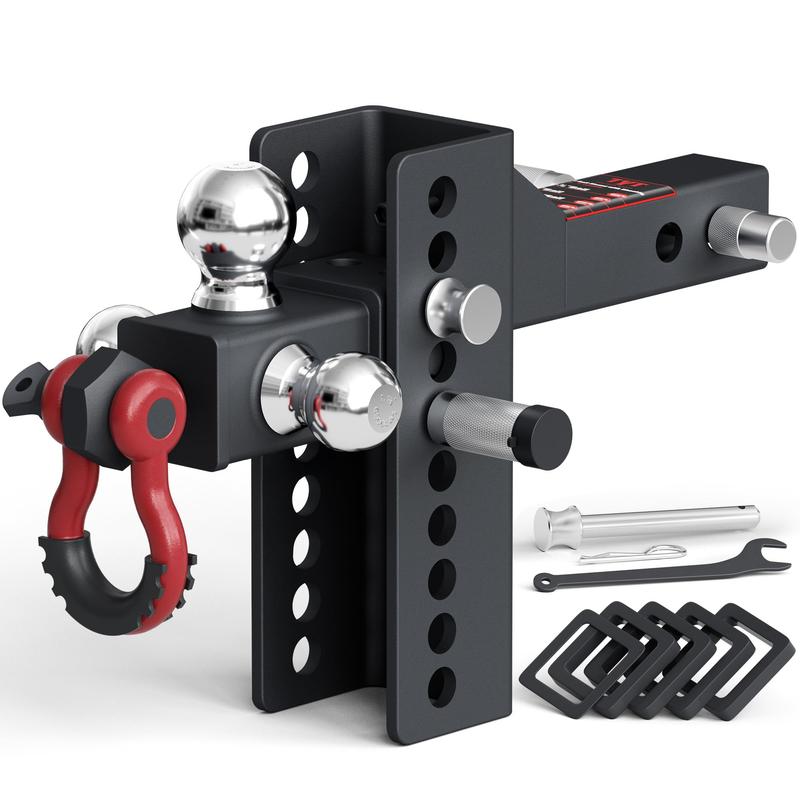 Soporte de Enganche TYT Tri-Bola con Bloques, Pasador y Gancho de Remolque Rotatorio, Compatible con Receptor de 2 Pulgadas, Ascenso/Descenso de 6-7/8", Bolas de 1-7/8", 2" y 2-5/16", 10000LBS GTW