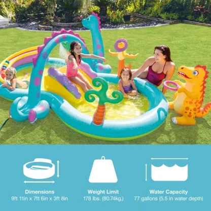 Piscina inflable para niños Play Center con tobogán para niños pequeños de 2 años en adelante. Construcción duradera de PVC con tobogán de agua y rociador para diversión durante todo el año. BOMBA NO INCLUIDA.