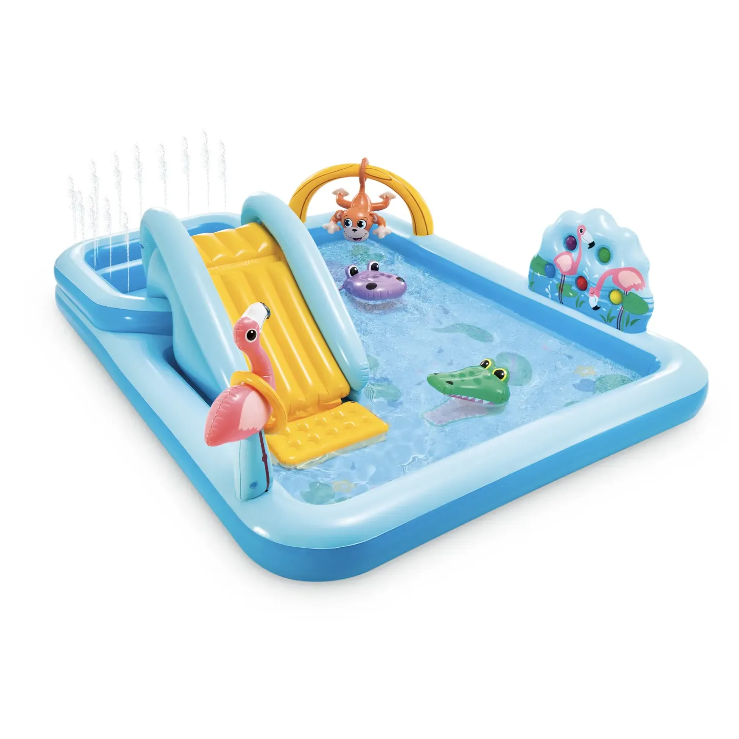 Piscina inflable para niños Play Center con tobogán para niños pequeños de 2 años en adelante. Construcción duradera de PVC con tobogán de agua y rociador para diversión durante todo el año. BOMBA NO INCLUIDA.