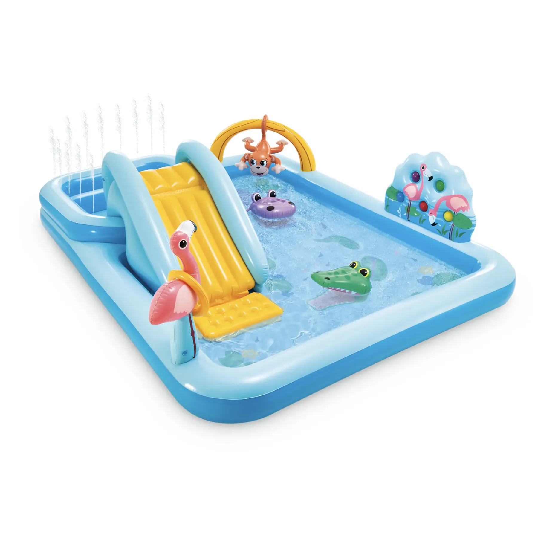 Piscina inflable para niños Play Center con tobogán para niños pequeños de 2 años en adelante. Construcción duradera de PVC con tobogán de agua y rociador para diversión durante todo el año. BOMBA NO INCLUIDA.