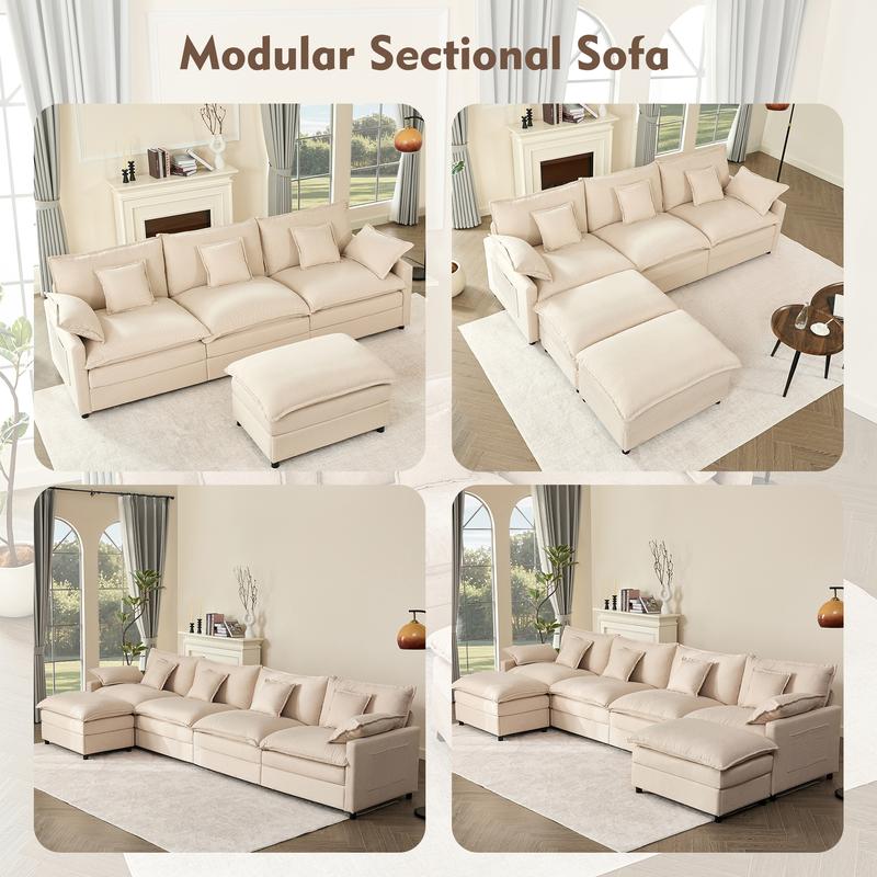 Sofá modular seccional en forma de U de 274 cm - Comfy Cloud de 3 plazas con 2 otomanas móviles, sofá Cloud, sofá de lino con asiento profundo para sala de estar, color beige, diseño cómodo y elegante, color rosa chenilla.