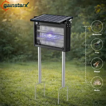 Gainstarx — Matainsectos solar para exteriores: Eliminador eléctrico impermeable de mosquitos y moscas con sensor de luz inteligente. Trampa recargable de energía solar para patio, jardín trasero, jardín, camping y uso en interiores.