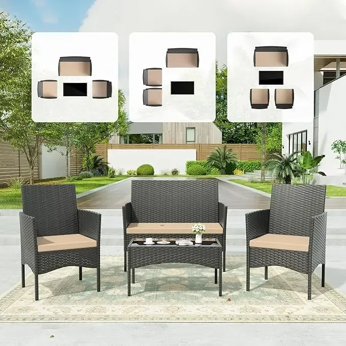 Juego de muebles de exterior para patio Kullavik — Conjunto de conversación para jardín con sillas de ratán sintético (PE), mesa de vidrio templado y cojines suaves; ideal para el césped, la piscina o el patio trasero.