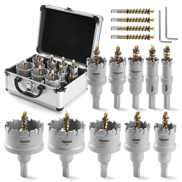Kit de brocas de carburo para perforar metal TCT de 5/8" a 2-1/4" pulgadas, para corte de alta precisión en acero inoxidable, hierro, cobre y latón.