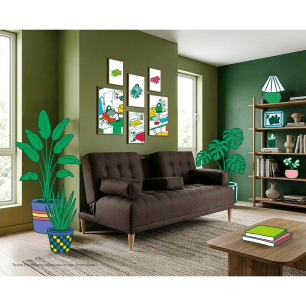 Sofá Cama de Lino Azul Makora Con Portavasos Modelo Queen