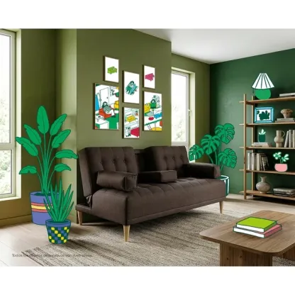 Sofá Cama de Lino Azul Makora Con Portavasos Modelo Queen