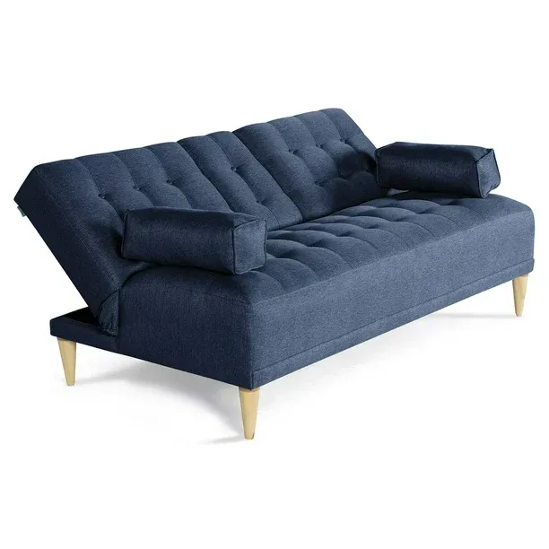 Sofá Cama de Lino Azul Makora Con Portavasos Modelo Queen