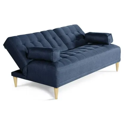 Sofá Cama de Lino Azul Makora Con Portavasos Modelo Queen