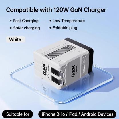 Cargador 4-en-1 GaN 60W – Compatible con USB-C y Lightning Retráctil, Potencia Máxima 120W, Control Inteligente de Temperatura, Carga Segura y Rápida