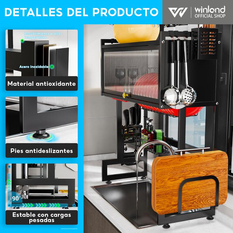 Escurridor De Trastes Acero Inoxidable 85cm Negro con Puertas Abatibles y Soporte para Cuchillos Antimanchas de Aceite y A Prueba de Polvo