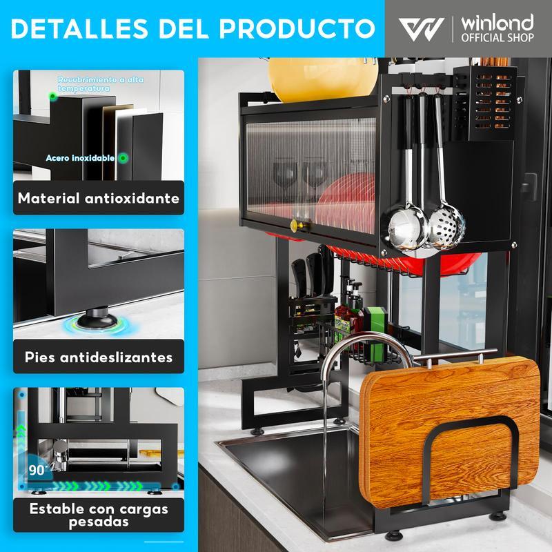 Escurridor De Trastes Acero Inoxidable 85cm Negro con Puertas Abatibles y Soporte para Cuchillos Antimanchas de Aceite y A Prueba de Polvo