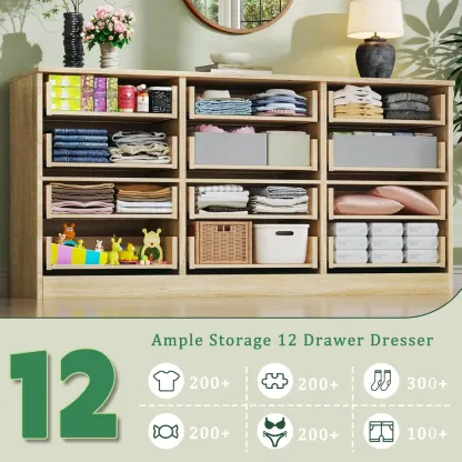Cómoda para dormitorio con 12 cajones, 152 cm de ancho, estilo moderno de mediados de siglo, con veta de madera natural, cómoda con mueble para TV, organizador de almacenamiento grande, armario, entrada, color natural.