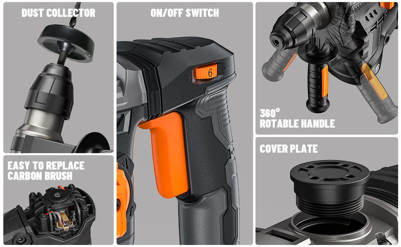 DOVAMAN RH15A 1-9/16'' SDS-Plus Rotary Hammer Drill, 4 Functions in One Knob, Safety Clutch, 6 Speeds, 4350BPM / 900RPM, Fit for Concrete, Wood, Steel